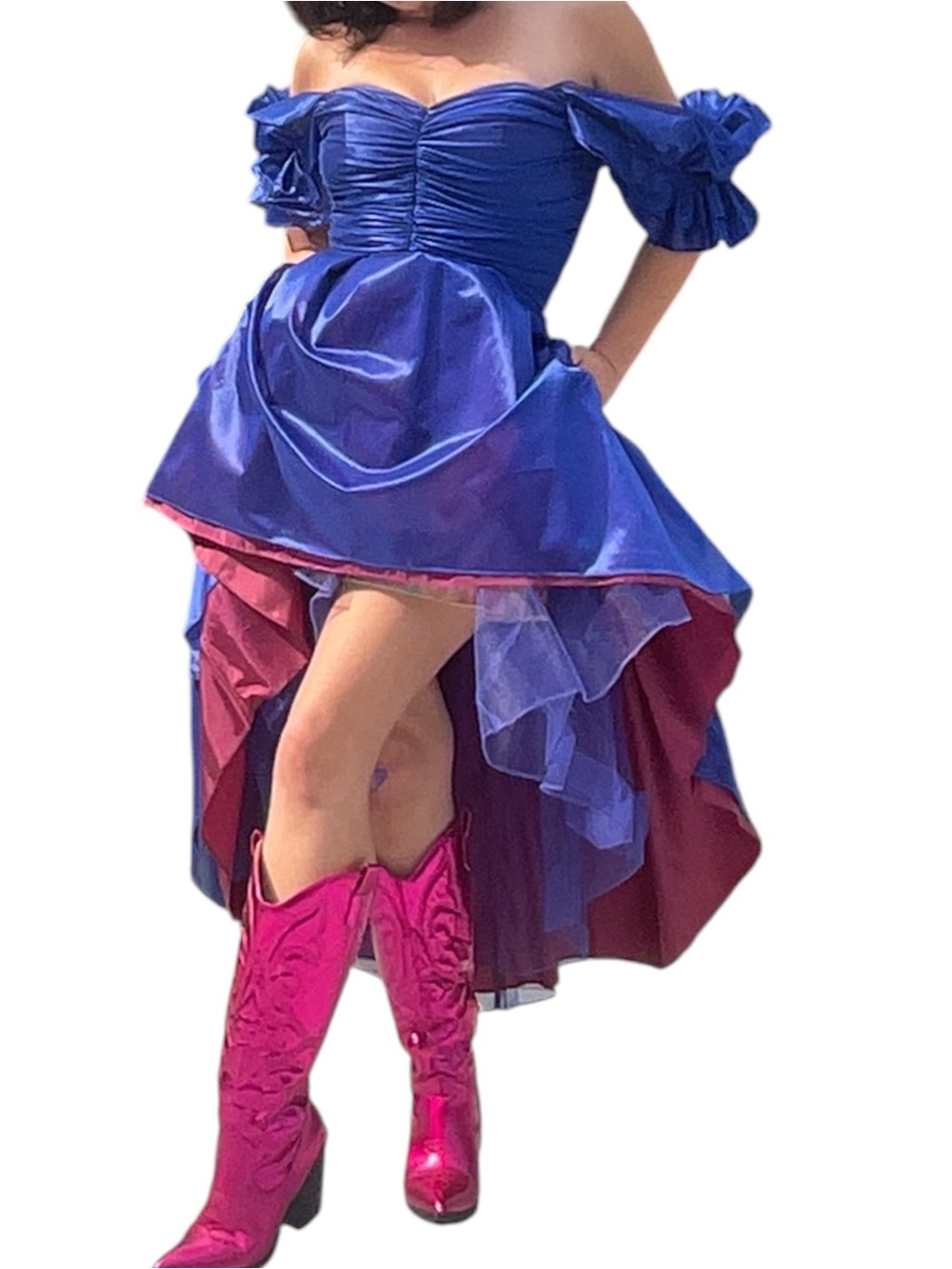 80s prom dress Blue Hi Low Prom Dress Size 9 USA Shoulder Corset pink crinoline